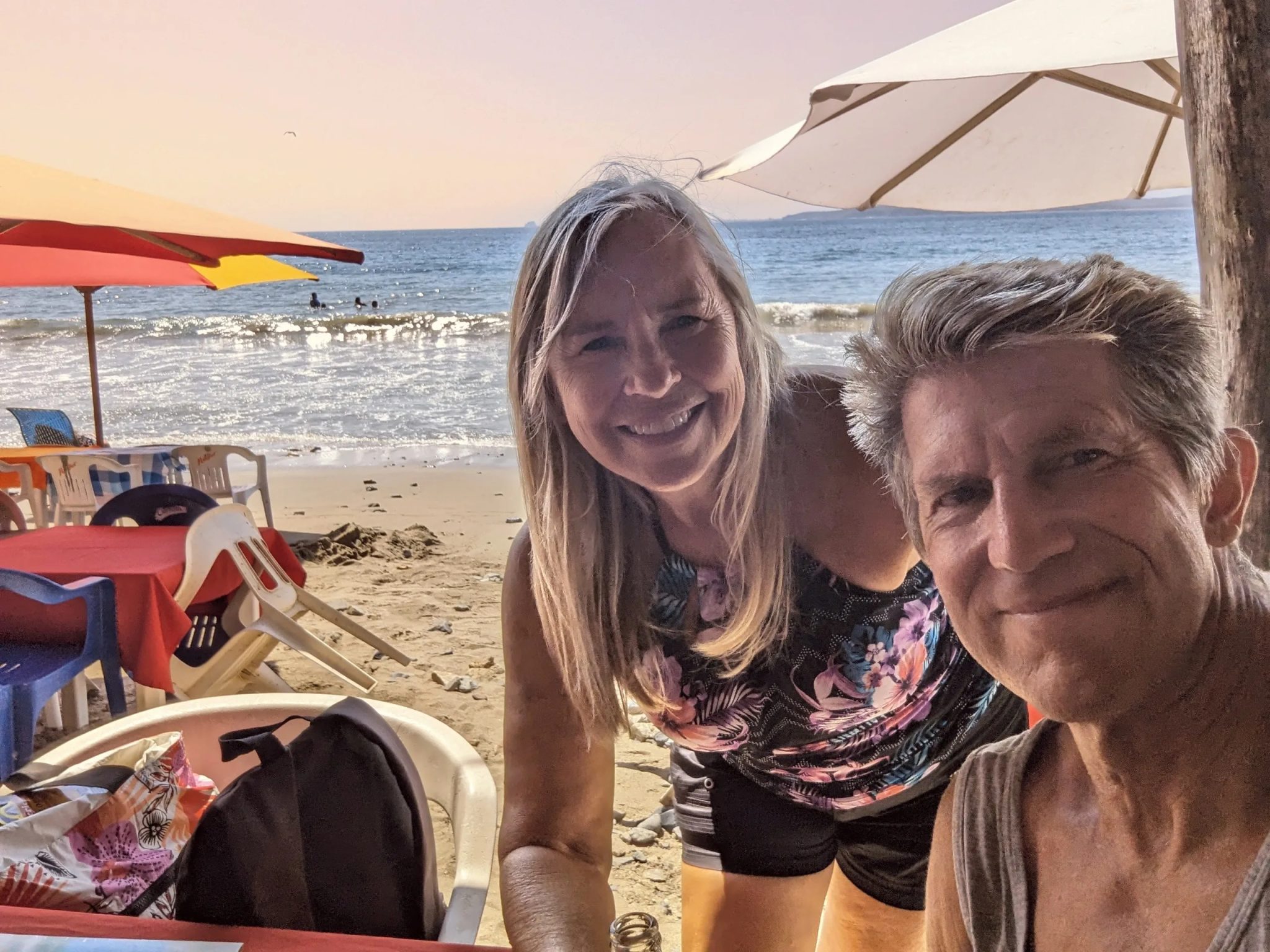 Bev & Kevin stopped for a cerveza at a palapa in La Manzanilla