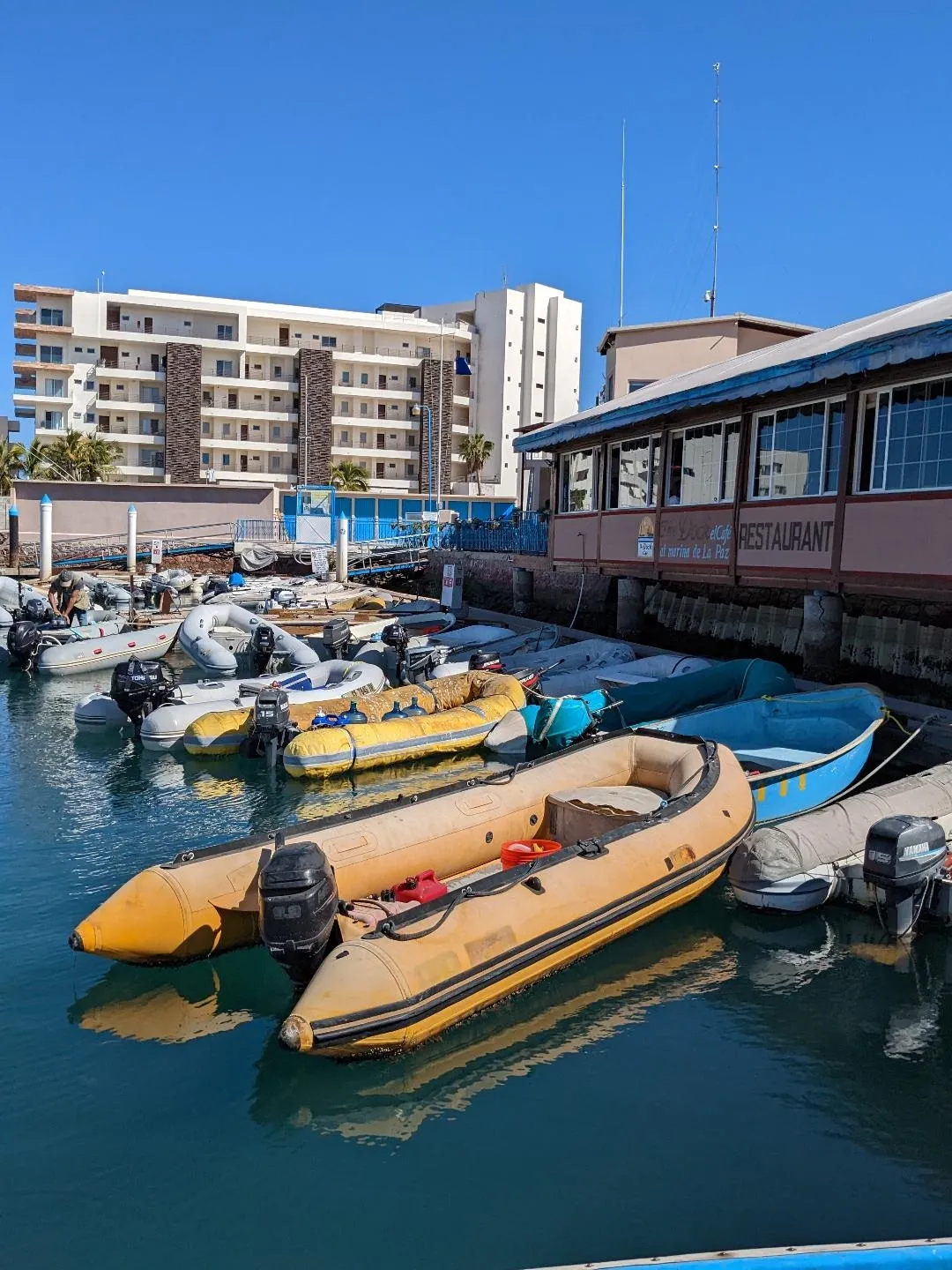It's a busy parking lot at the dinghy dock at Marina de La Paz